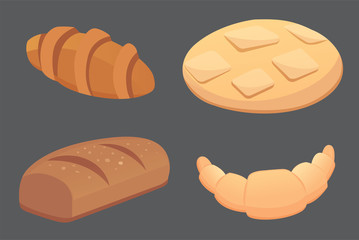 different breads and bakery products vector illustrations. Buns for breakfast. set bake food isolated