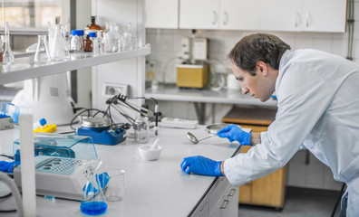 Fototapeta premium Male laboratory researcher performs tests