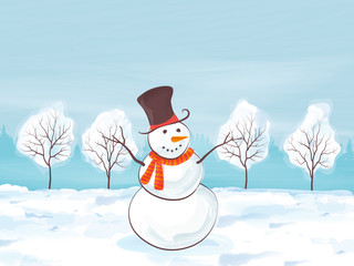 Watercolor Winter Landscape Vector Illustration with Snowman. Chrsitmas Design

