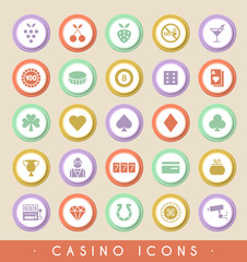 Set of Casino Icons on Circular Colored Buttons. Vector Isolated Elements.
