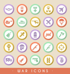 Set of War Icons on Circular Colored Buttons. Vector Isolated Elements.