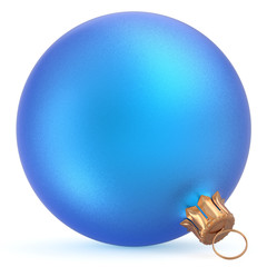 Christmas ball wintertime ornament blue New Year's Eve hanging shiny sphere decoration adornment bauble souvenir. Traditional happy winter holidays Merry Xmas symbol closeup. 3d illustration isolated