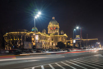 Fototapeta na wymiar Belgrade, Serbia - December 11, 2016: Parliament of the Republic of Serbia in Belgrade at night. The building of the National Assembly, originally the House of Commons, began to be built in 1907.