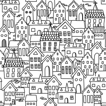 Seamless pattern background with european houses in black and wh