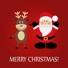 Fototapeta na wymiar Christmas greeting card with a deer and Santa Claus on a red background