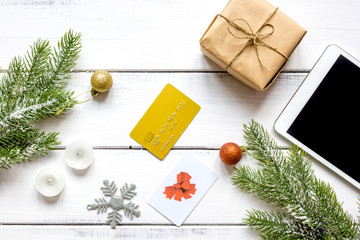 Online shopping for new year on wooden table top view