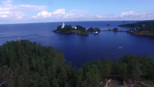 The landscape of the island of Valaam. Nikolsky Skete in background. The journey to the holy places. Aerial view.