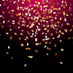 Golden confetti isolated on dark red background, vector illustration. Vector luxury backdrop with gold sparklers