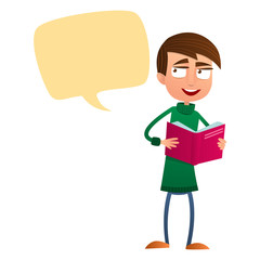 Teen boy holding an open book paper with speech clouds in flat design style