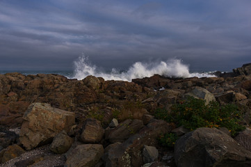 Crashing waves on the Maine coast
