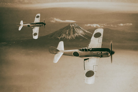 Ki43 Hayabusa Japanese fighter of WW2.  Photo Style Illustration