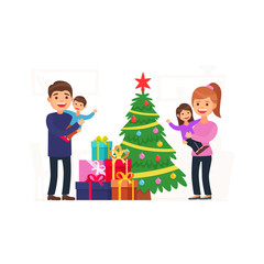 Merry Christmas and New Year. Family and mountains of gifts. Vector illustration
