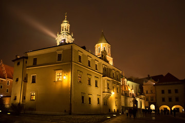 Fototapeta na wymiar View of the Wawel castle architectural complex on the Wawel Hill at winter night, Krakow, Poland.