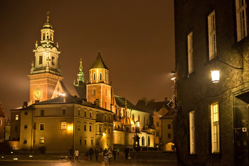Fototapeta na wymiar View of the Wawel Royal Archcathedral Basilica of Saints Stanislaus and Wenceslaus and Wawel castle on the Wawel Hill at winter night, Krakow, Poland.