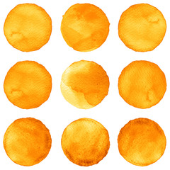 Set of brown, coffee color watercolor hand painted circle isolated on white. Illustration for artistic design. Round stains, blobs