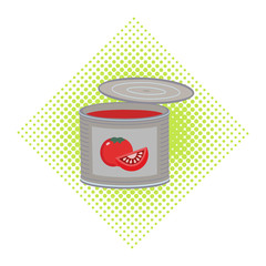 Canned food concept. Freehand drawn cartoon retro style. Tomato soup in can emblem. Tinned vegetables packaging icon. Tin with tomatoes logo template. Vector advertisement label background
