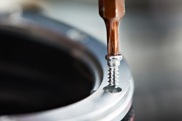 Repair broken photo camera in service closeup