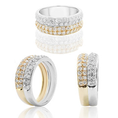 anillo en oro amarillo y blaco con zafiro rubies y diamantes en fondo blanco  ring in gold with...