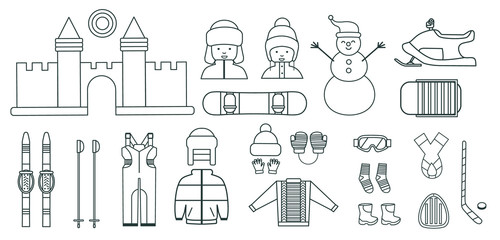 Winter kids activities line icon set. Sports shape icons. Recreation, hiking, climbing outline pictogram elements for adventure web and applications. Winter outdoor activity equipment icons.