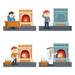 people with fire place set