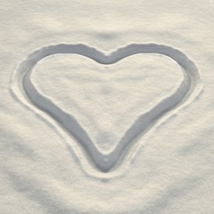 A 3D render of a heart drawn in snow in an evening light setting.