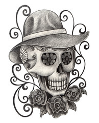Skull art day of the dead.Art design skull head action smiley face day of the dead festival hand pencil drawing on paper.