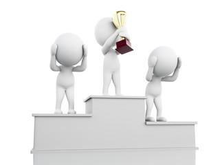 3d White people holding a trophy on podium.