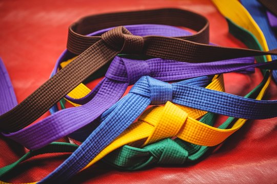 Multicoloured karate belts on red background