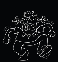 Monochrome outline cartoon angry man isolated on black background