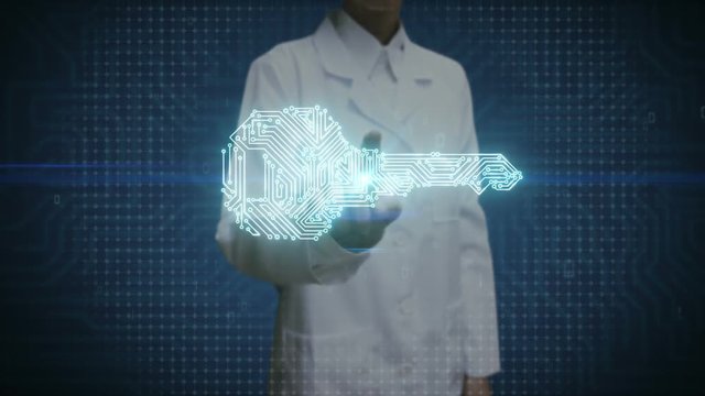 Female doctor touching digital screen, shape of key, circuit board light line, security, Find solution, security technology