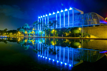View of the palau de la musica de valencia concert hall reflecting in a pond during night.