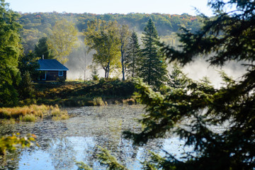 Fototapeta na wymiar Misty log cabin