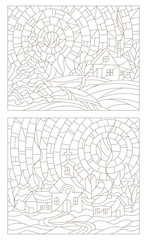 Set contour illustrations of the stained glass Windows with winter landscapes