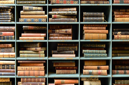 vintage books on shelves