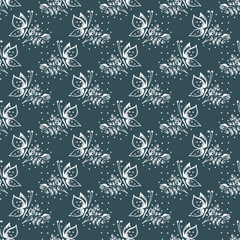 Seamless vector hand drawn seamless floral  pattern with insect  Blue background with flowers, leaves, butterfly Decorative cute graphic drawn illustration Template for background, wrapping, wallpaper