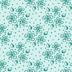 Fototapeta na wymiar Seamless vector hand drawn seamless floral pattern. Blue background with flowers, leaves, dots. Decorative cute graphic drawn illustration. Template for background, wrapping, wallpaper.