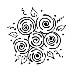 Vector floral illustration. bouquet with flowers, leaves, decorative elements isolated on the white background. Hand drawn contour lines and strokes. Doodle style, graphic vector illustration