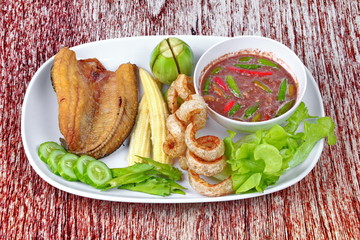 Ready served Spicy shrimp paste dip as  Nam Prik Kapi.