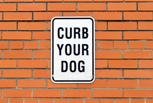 Curb Your Dog Sign On Brick Wall