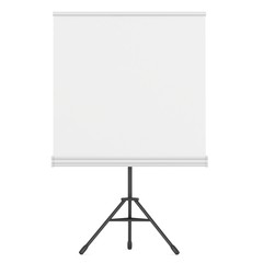 Blank Roll Up Expo Banner Stand on Tripod. Trade show booth white and blank. 3d render illustration isolated on white background. Template mockup for your expo design.