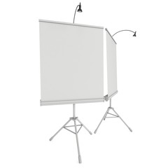 Blank Roll Up Expo Banner Stand on Tripod. Trade show booth white and blank. 3d render illustration isolated on white background. Template mockup for your expo design.