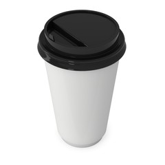 Disposable coffee cup. Blank paper mug with black plastic cap. 3d render isolated on white background