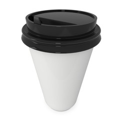 Disposable coffee cup. Blank paper mug with black plastic cap. 3d render isolated on white background