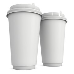 Disposable coffee cups. Blank paper mug with plastic cap. 3d render isolated on white background