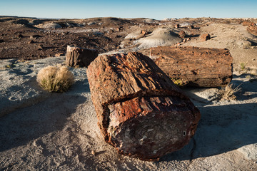 sunset at Petrified Forest National Park, Blue mesa, AZ, USA