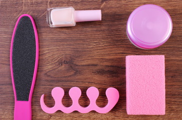 Cosmetics and accessories for manicure or pedicure, concept of foot, hand and nail care