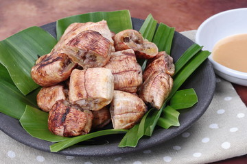 Close up Thai roasted banana with sweet sauce