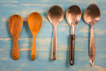 Flipper, ladle and rice ladle on the table. Scoop-accessories Various kinds are necessary in the kitchen.