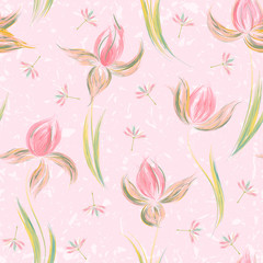 Seamless pattern with floral ornament, irises in a grunge style on white background.