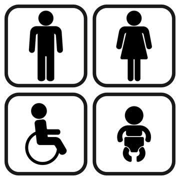 Set of 4 restroom web and mobile icons. Man, woman, child, disability. Vector illustration isolated on white